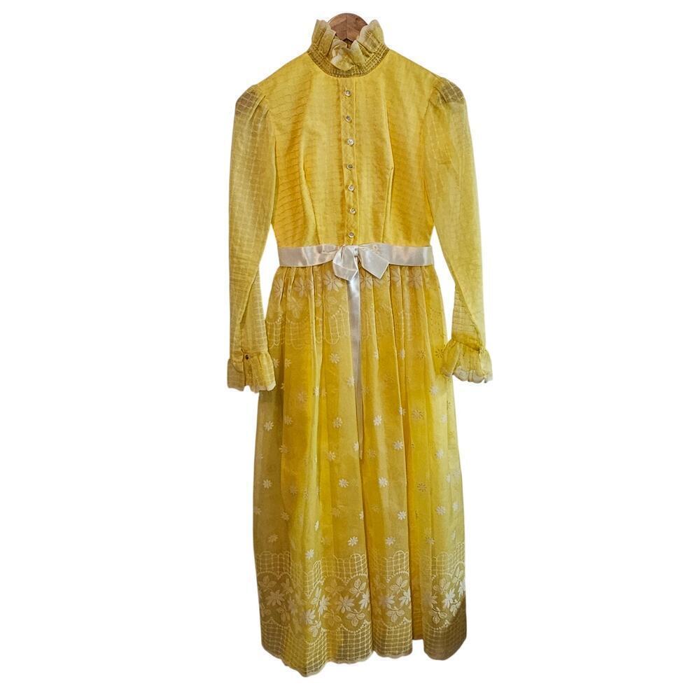 Vintage Floral Prairie Dress Womens Small Yellow Lace Maxi Cottage 60s Coquette